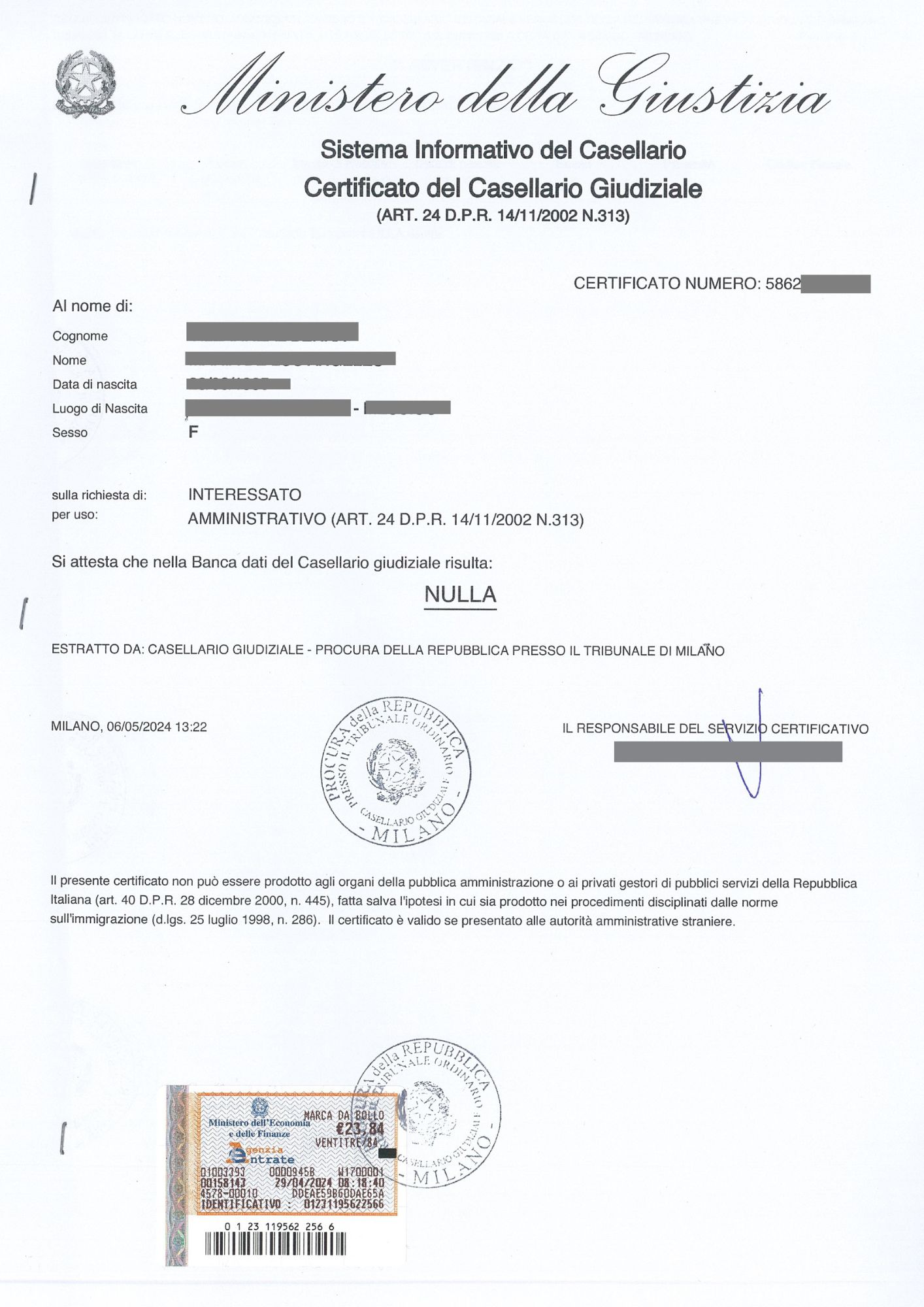 Certificato casellario giudiziale