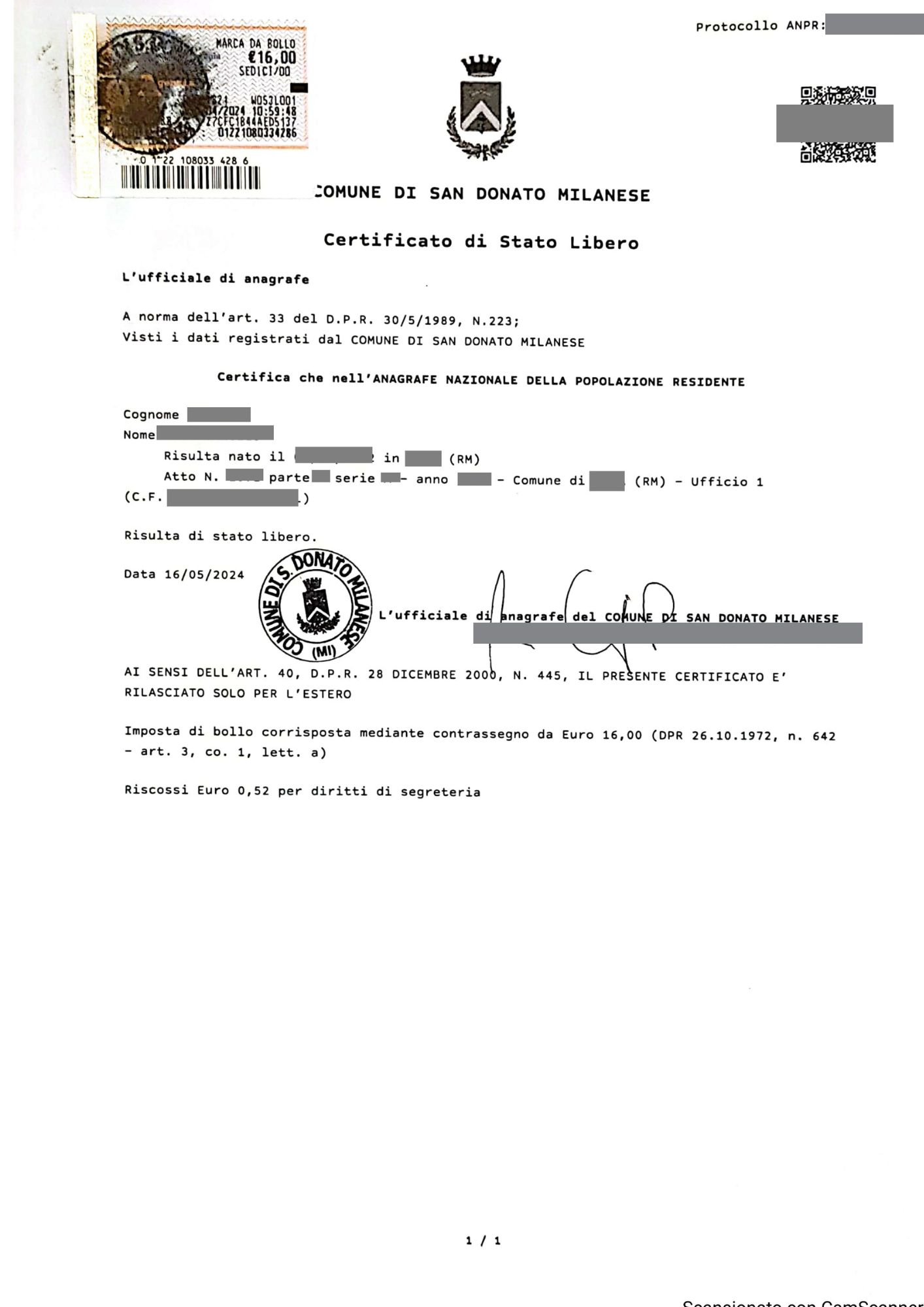 certificato stato libero