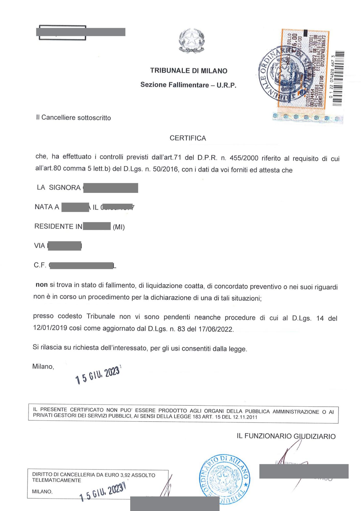 Certificato fallimentare persona fisica Certificato fallimentare persona fisica