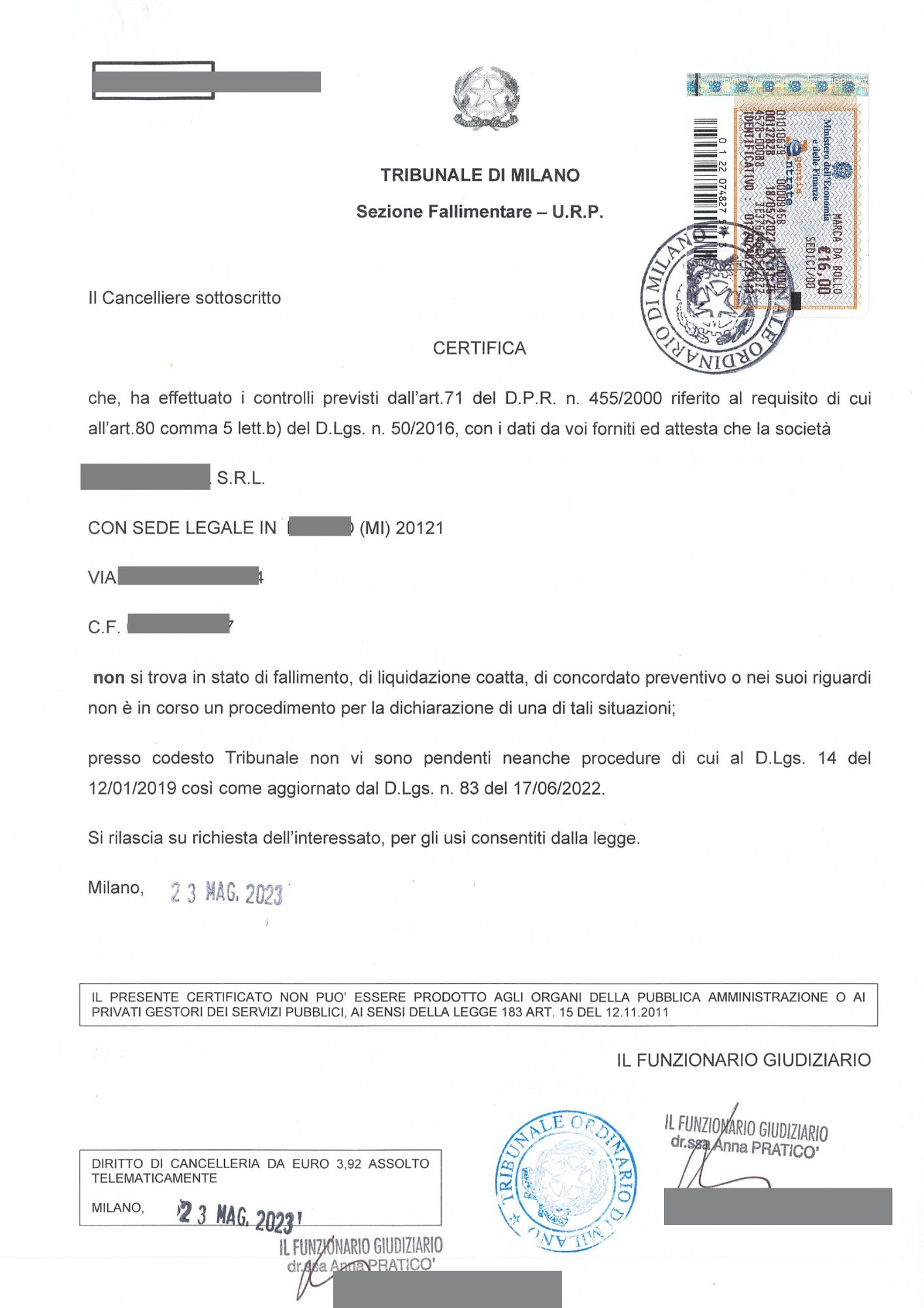 Certificato fallimentare società Certificato fallimentare società