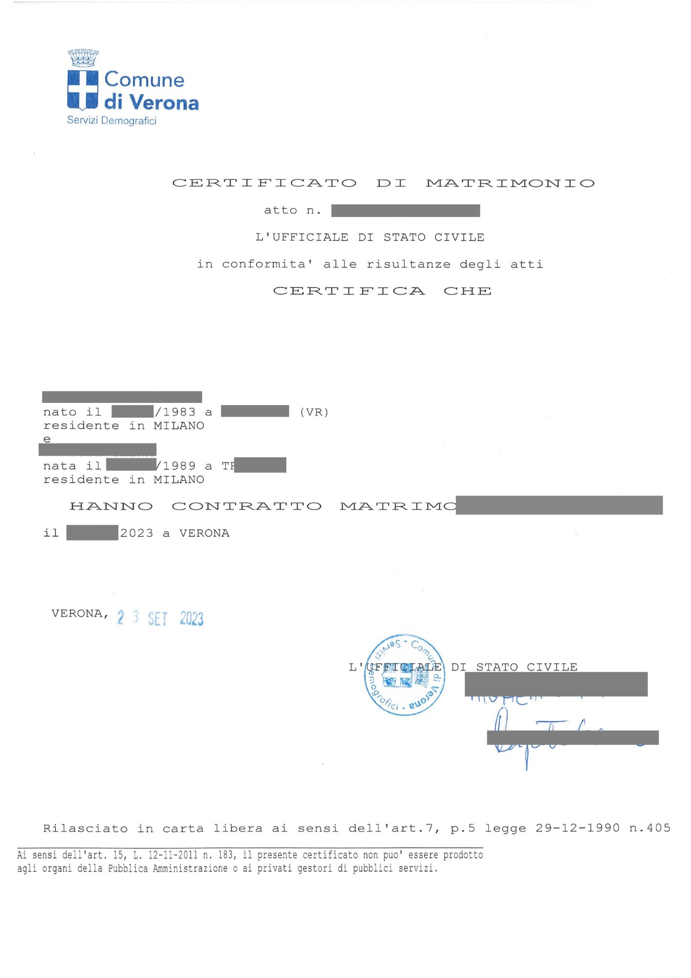 Certificato anagrafico matrimonio Roma