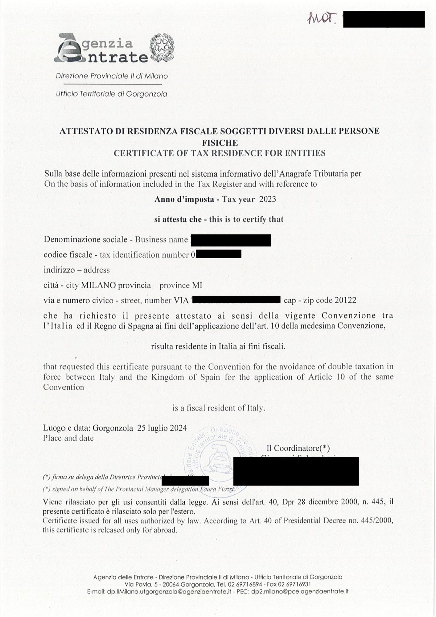 Attestato Residenza Fiscale Contro Doppie Imposizioni