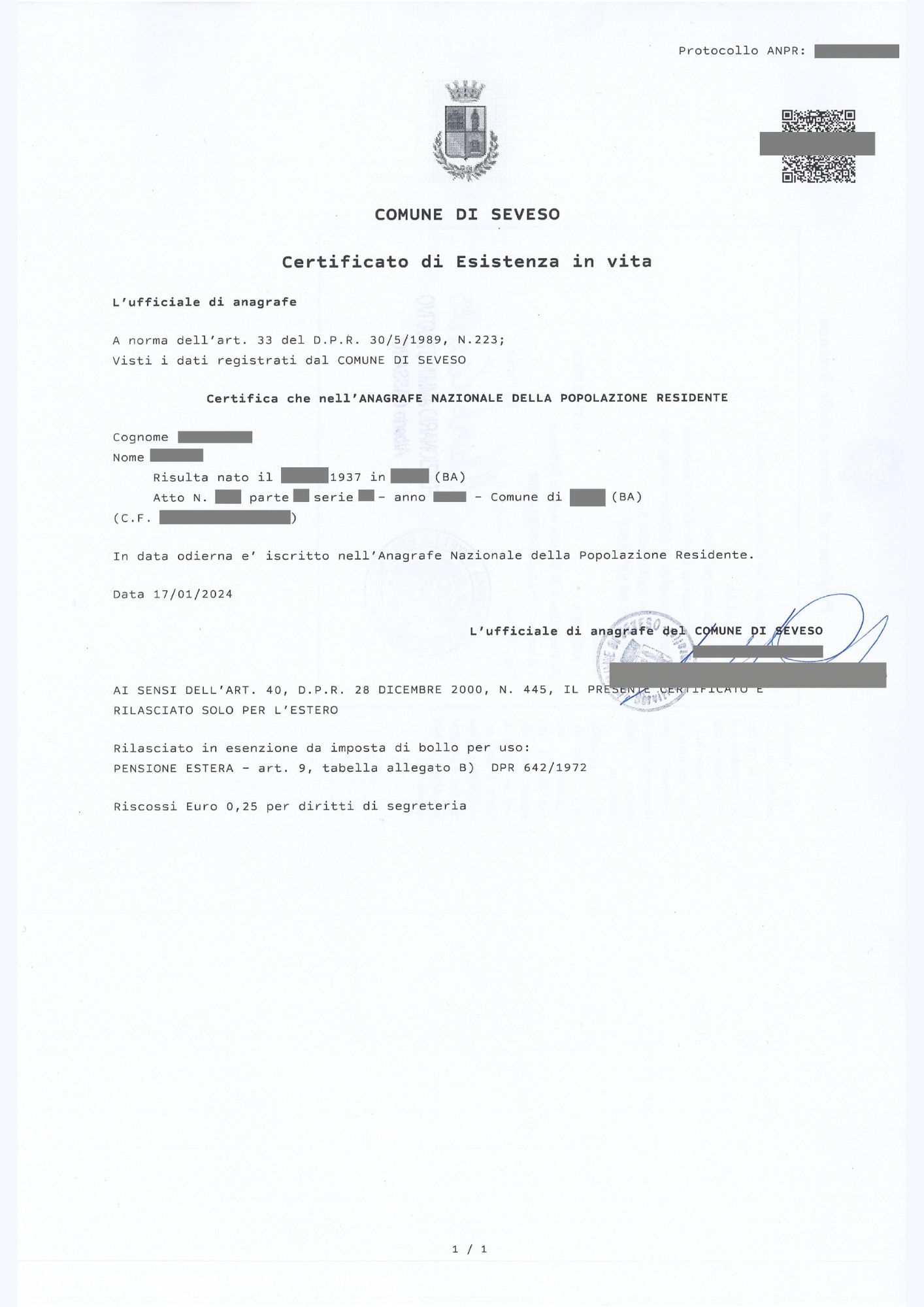 Certificato esistenza in vita Roma
